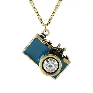 Paper & Quartz Vintage Camera Necklace in Teal | Antique Brass Long Chain