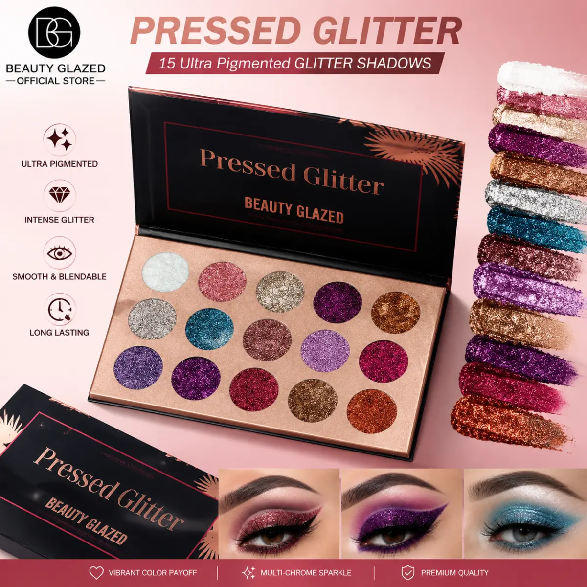 BEAUTY GLAZED Glitter Eyeshadow Palette, 3-in-1 Sparkle Shimmer Makeup for Eyes Lips Body, Pressed Glitter Powder Palette, Buildable Pigment for Day & Night Looks