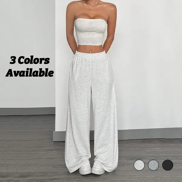 Women's Soft Heather Knit Wide Leg Sweatpants - Elastic Drawstring High Waist, Flowy Floor-Length Drape Silhouette, Lightweight Breathable Solid Bottoms, Comfy Loose Fit Casual Loungewear (3 Neutral Shades: White, Heather Grey, Black) Grey Sweat Pants, Ba