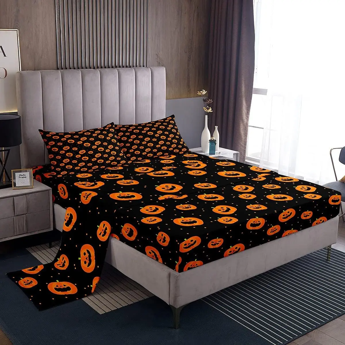 Feelyou 4-Piece King Size 3D Galaxy Pumpkin Print Bedding Sheet Set - Happy Halloween Theme, Soft Cute Novelty, Breathable, Durable, Machine Washable for Room Linens & Soft Furnishings, Four Pieces