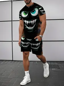 Black Cartoon Monster Face Green Blue Eye Sharp Teeth Print Men's Summer Casual Set