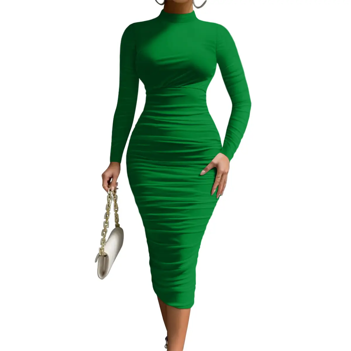 OYS Women's Cocktail Bodycon Long Sleeve Mock Neck Mesh Ruched Midi Party Dress Formal Womenswear