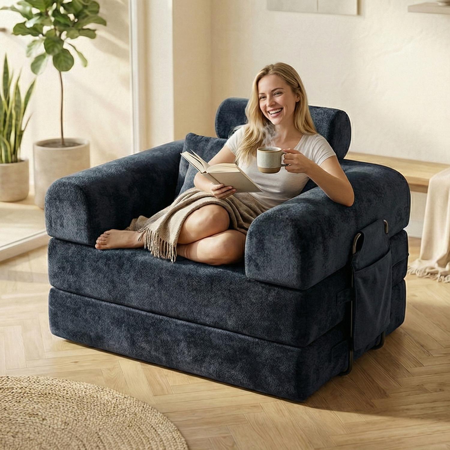 Deep seated single person modular living room bedroom convertible folding sofa bed, comfortable and soft corduroy fabric boneless and installation free with fixed frame design