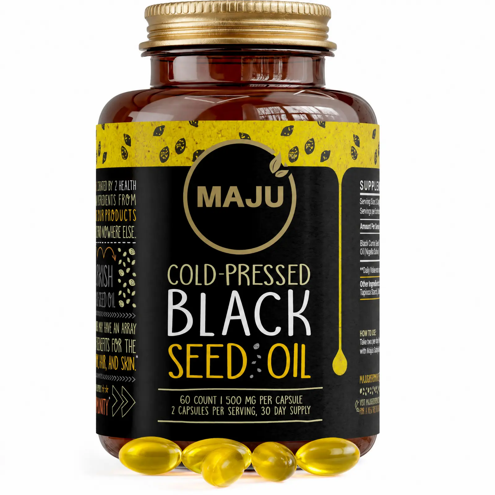 MAJU Black Seed Oil Capsules (60ct) - Thymoquinone, Vitamin Supplement, Fitness, Optimum Dietary Healthcare Support Essential Aminos Edible