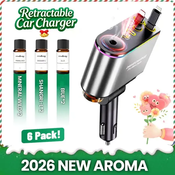 Smart Retractable Car Charger & Air Freshener - 66W Fast Charging with Dual Type-C/Lightning Adapter for All Phones, Starlight Projector Mood Light & Aromatherapy Diffuser,Includes 6 x 10ml Perfumes,Ideal Car Accessories & Father's Day Gift for Men summer