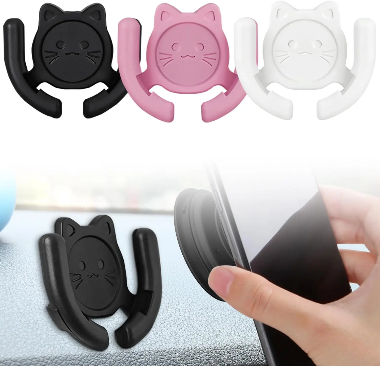 Multi-Surface Holder Car Mount 3 Pack Compatible for Popsocket Holder Grips Hand-Free Device Support Home Office Desk Wall Mount Cute Cat Strong Adhesive Sticky Gel Pad (Black White Pink)
