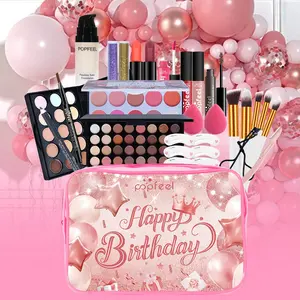 Popfeel Full Makeup Set with Glitter Eyeshadow Palette, Blush, Lipstick, Foundation, Makeup Brushes, Beginner Cosmetic Kit, Spring Summer Autumn Winter