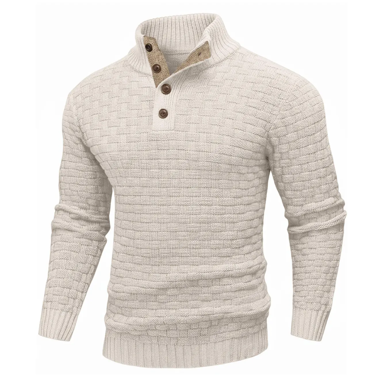 Men’s Polyester Waffle Knit Half-Zip Button Front Fabric Pullover, Lengthy Long-Sleeve Textured Casual Knitted Outerwear with Ribbed Cuffs, Adjustable Fit, Autumn-Winter Layering Top, Dry Clean Only, Textured Knitted