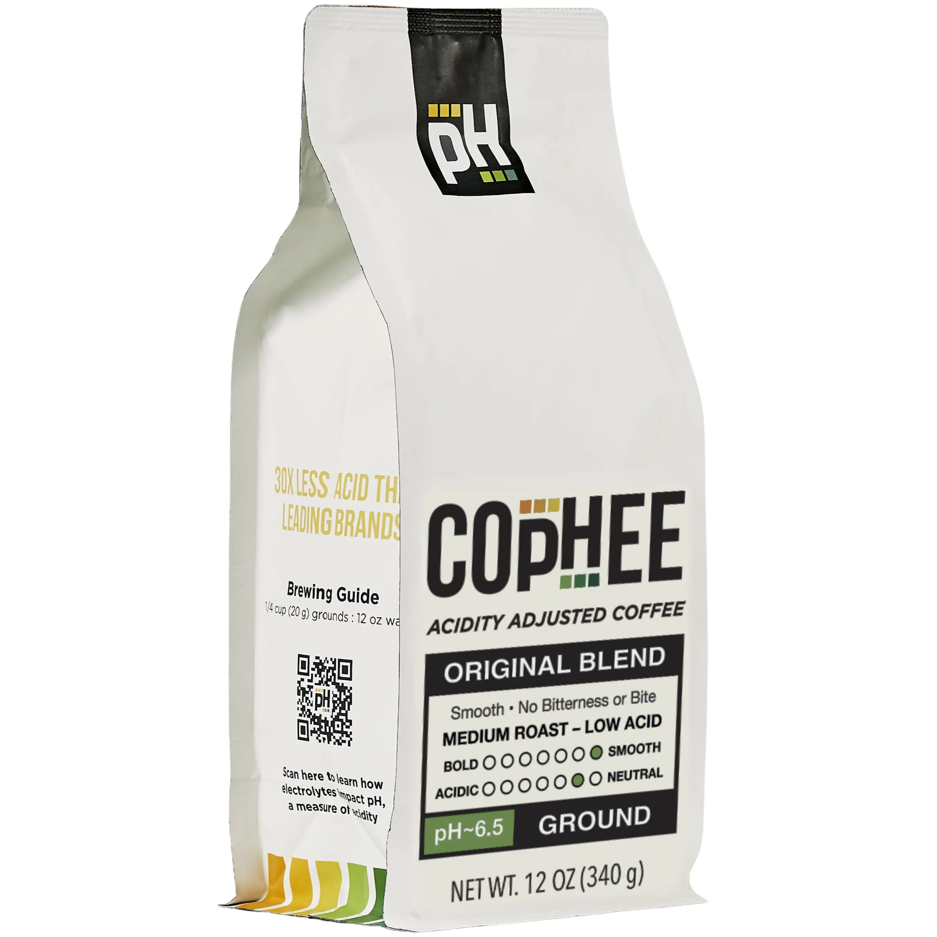 COpHEE - Low Acid Coffee for Reflux, Heartburn and Indigestion - Electrolyte Infused for Acid Reduction - 6.5 pH - 12 oz Ground Medium Roast - Original Blend Ground