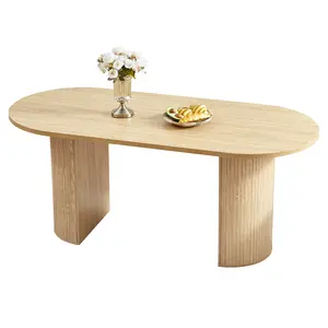 Giratree 70.8'' Kitchen Dining Table for 6-8 People, Oval Kitchen Table with Wood Strip Base, Modern Farmhouse Large Round Dining Room Tables for Kitchen Living Room