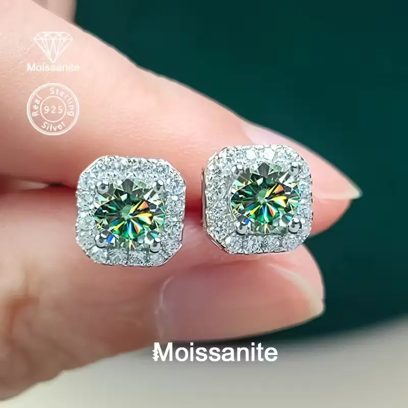 Green Moissanite Stud Earrings, 925 Sterling Silver Square Halo Earrings, 1CT Round Cut Green Moissanite with Surround Stones, Hypoallergenic Colorful Diamond Earrings for Women, Ideal for Engagement & Daily Wear