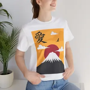 Japan Art T-Shirt, Mountain & Red Moon Graphic Tee Shirt, Japanese Stamp Kanji, Gamer Gift For Teens