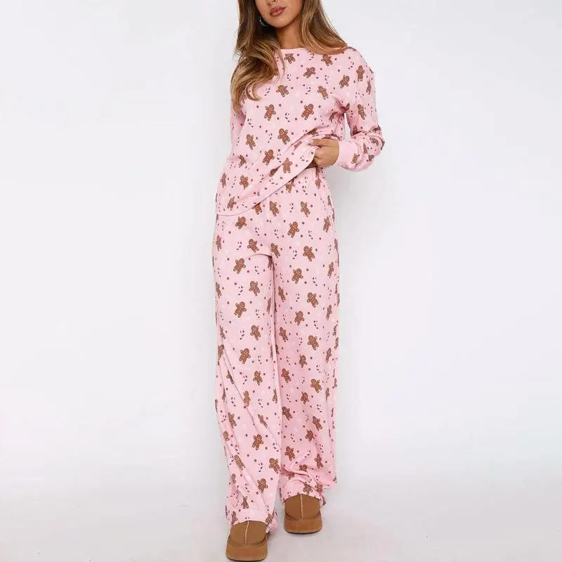 Women's Christmas Casual Set Gingerbread Print Long-Sleeve Top and Stretch Pants Two-Piece Pajamas