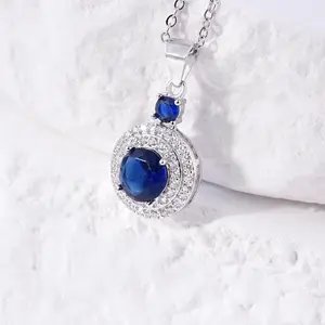 925 Sterling Silver Sapphire Blue CZ Halo Pendant Necklace for Women, Classic Elegant Gift Jewelry for Birthday& Anniversary & Christmas& Mother’s Day