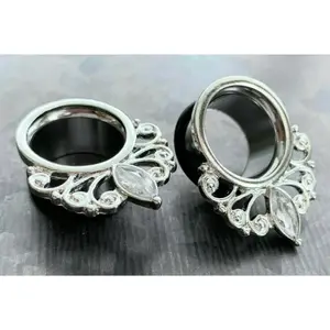 PAIR of Marquise Crystal Vintage Filigree Drop Single Flare Tunnels/Plugs - Gauges 4g (5mm) thru 16g (5/8") includes O-rings!