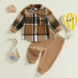 YSHWHWTS Toddler Baby Boy Outfit Plaid Print Long Sleeve Shirt and Elastic Pants 2 Piece Fall Toddler Clothes Casual Cozy