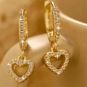 1 Pair Golden Cubic Zirconia Earrings Luxurious Women Charm Heart Drop Dangle Earrings Wedding Engagement Party Jewelry Birthday Valentine'S Day Gifts