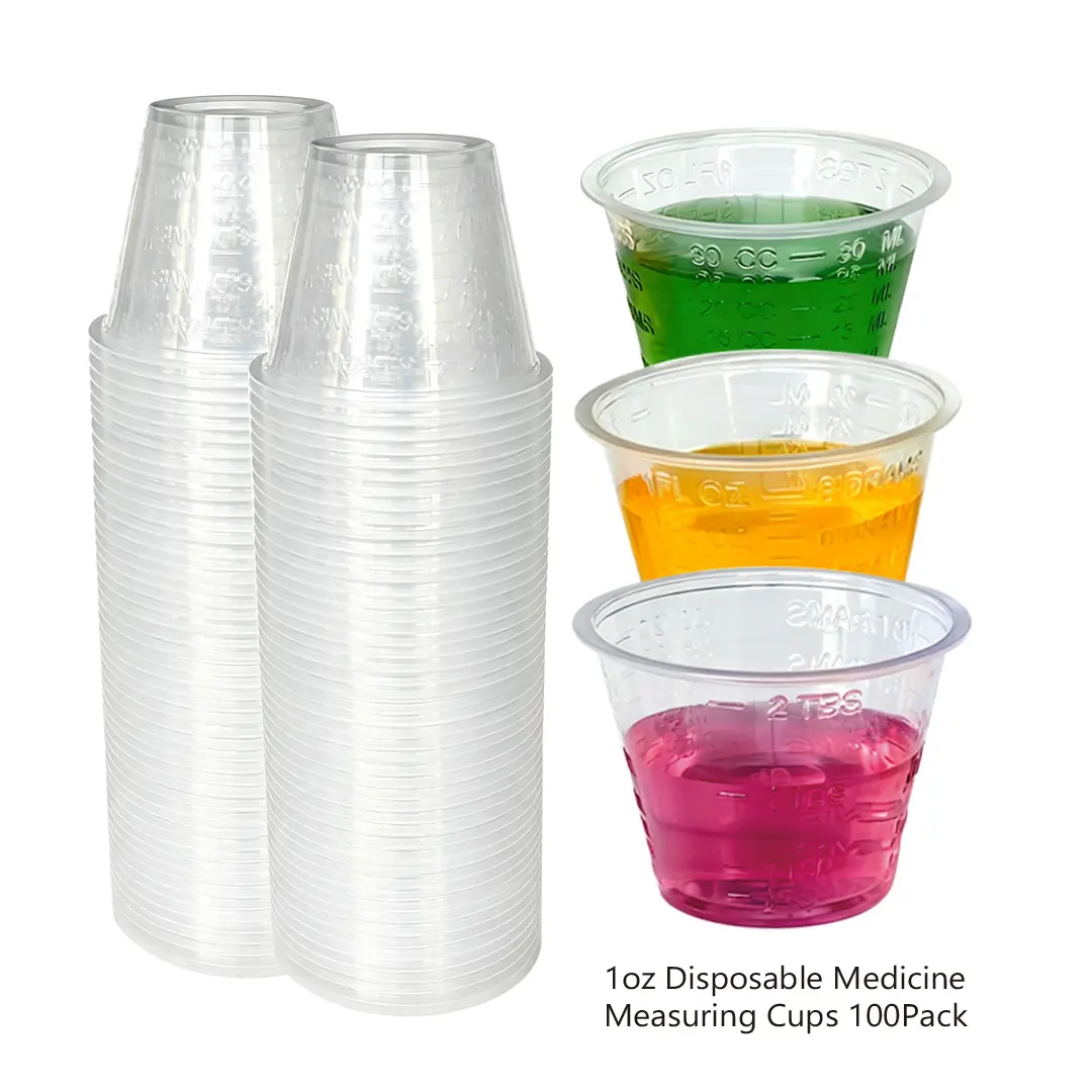 100 Pack 1oz (30ml) Graduated Medicine Cups, Clear CC & ML Embossed Markings, BPA-Free Disposable Plastic Medical Measuring Cups, For Home Medication & Mini DIY