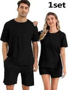 Couple Sleepwear Set, Men's Plain Round Neck Short Sleeve Shorts, Women's Casual Home Wear, Two-Piece Jacquard Fabric, Loungewear, Pajamas