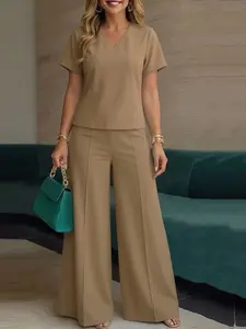 Celderio Women Summer Basic Casual Short Sleeve V-Neck Tops Long Pants Solid Color Lightweight Thin Sets Two-piece Outfits