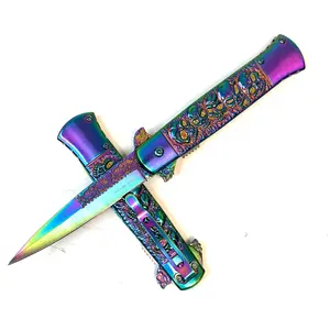 9"pocket knife rainbow  skulls, stainless steel, indoor and outdoor gear, cutting tool, spring assistance quick open.