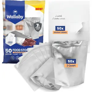 Wallaby 50 Count 2-Quart Gusset Mylar Bags with Labels, 14 Mil Total Thicker Long-Term Food Storage Pouches, 8x12 Stand-Up Zipper Heat-Sealable Airtight Packaging - Silver