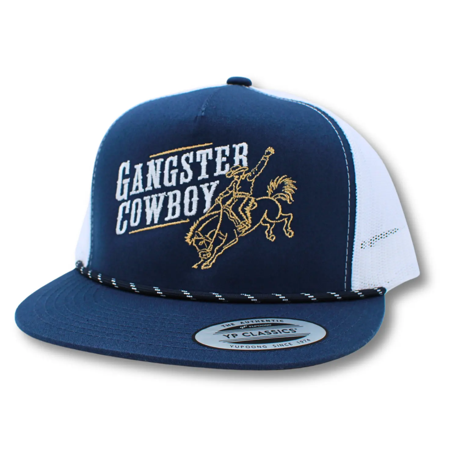 The Bronc - Navy, Tan, and White. Yupoong Classic Snapback. Gangster Cowboy Official Product