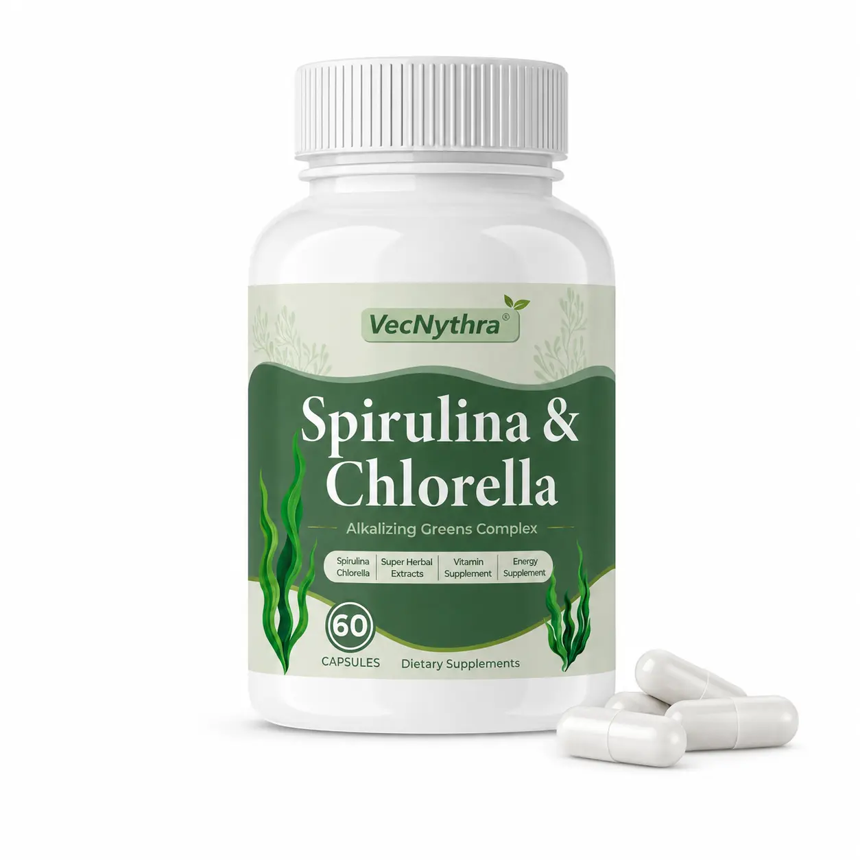 VecNythra Spirulina & Chlorella Vegan Capsules - 60 Caps, Gut Health Support, Green Superfood Botanical Blend, Daily Dietary Supplement
