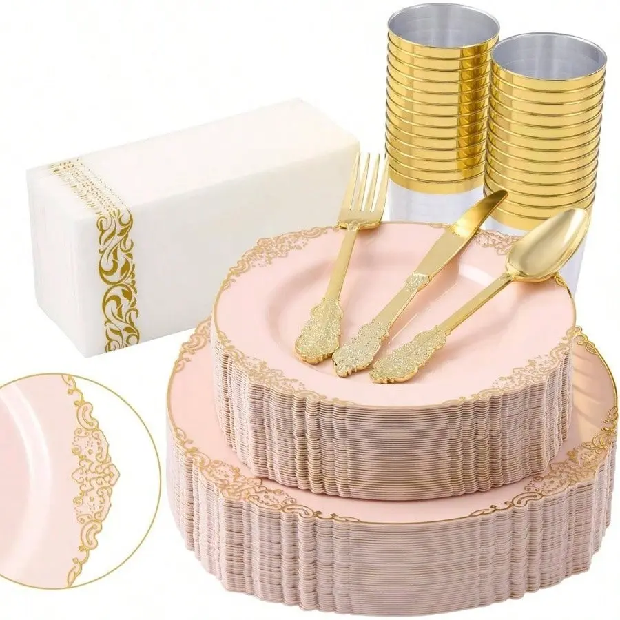350PCS Silver Plastic Plates Set for 50 Guests Pink Disposable Dinnerware with 50 Dinner Dessert Plates 50 Silverware 50 Napkins 50 Cups Ideal for Wedding Party
