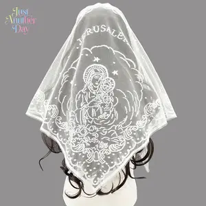 White Lace Chapel Veil with Virgin Mary Embroidery, Catholic Church Headscarf, Jerusalem Inspired Prayer Head Covering