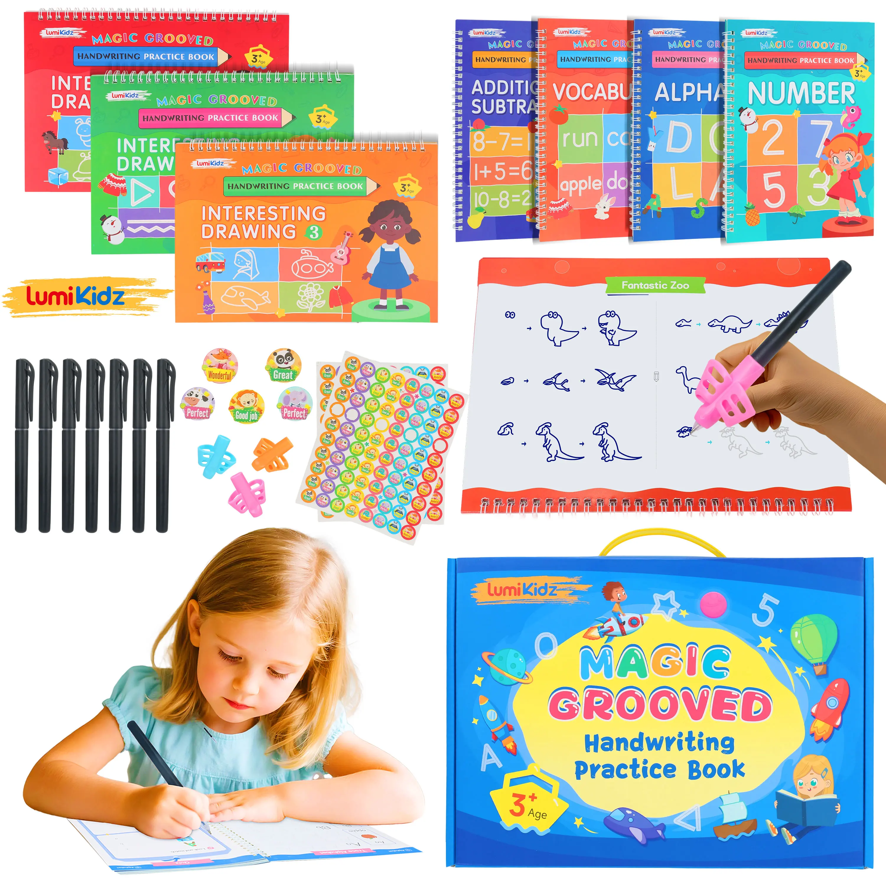 # school essential  Magic Groove Calligraphy Practice Book, Reusable Large Writing Book, Kindergarten Homework Book, 3-8-year-old Children's Writing Practice Book, 10.24 * 7.29 inches (7 books+pen) Learning Materials Student Painting Supplies