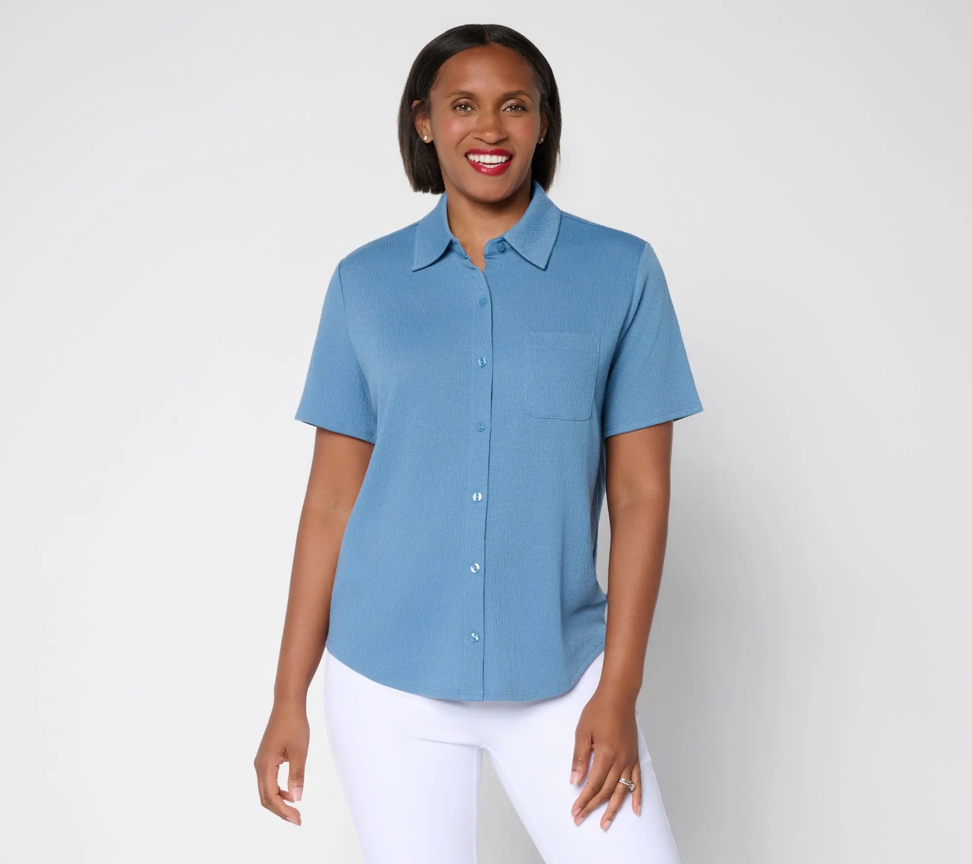 Denim & Co. Knit Gauze Button Front Short Sleeve Top