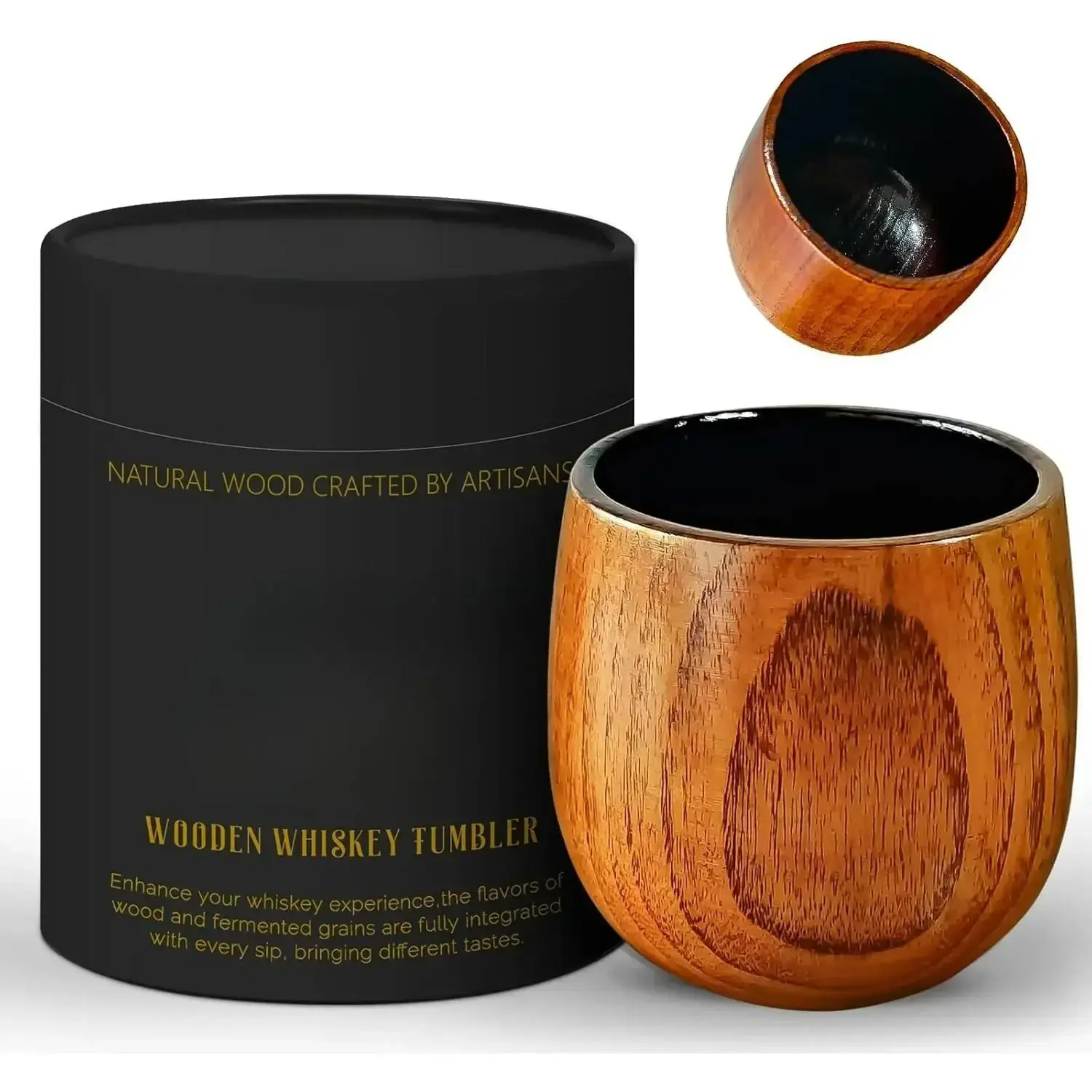 1pc 10oz Solid Charred Handmade Whiskey Glass - Classic Old Fashioned Bourbon Tumbler, Natural Grain Drinkware for Home Bar, Hand-Wash Kitchenware, Adults' Birthday Gift for Husband, Whiskey Glasses, Unique Wood Grain