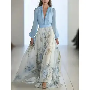 Women's Elegant Printed Chiffon Dress - Translucent V-neck Long Formal And Casual Dress, Soft Pastel,    Womenswear Knitted Polyester Pleat Fabric Wool