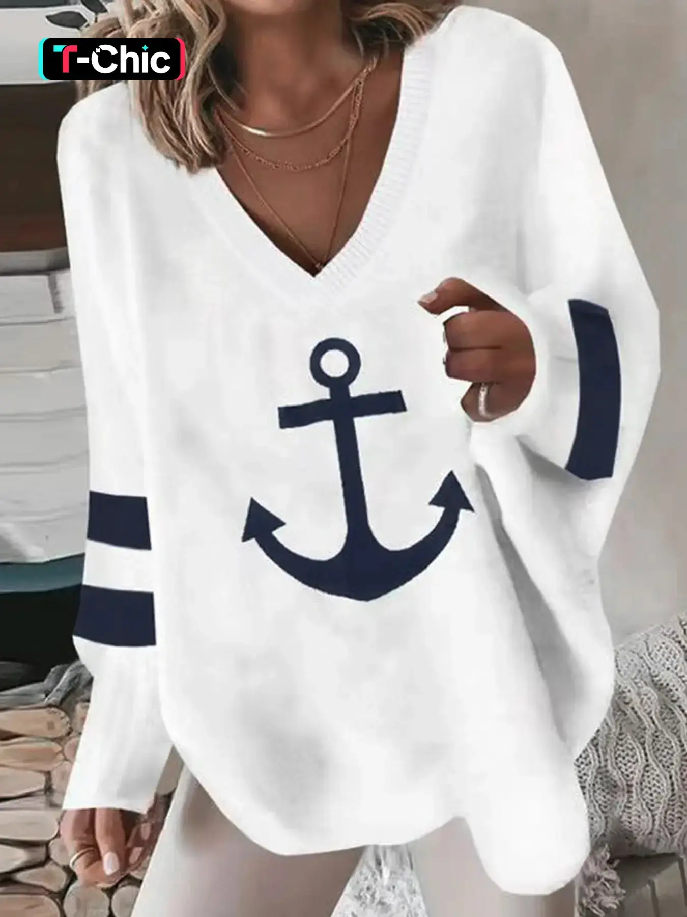 Women's Striped & Anchor Print Drop Shoulder V Neck Knitting Sweater, Casual Long Sleeve Pullover Jumper for Daily Wear, Comfy Women's Knitwear for Spring & Fall