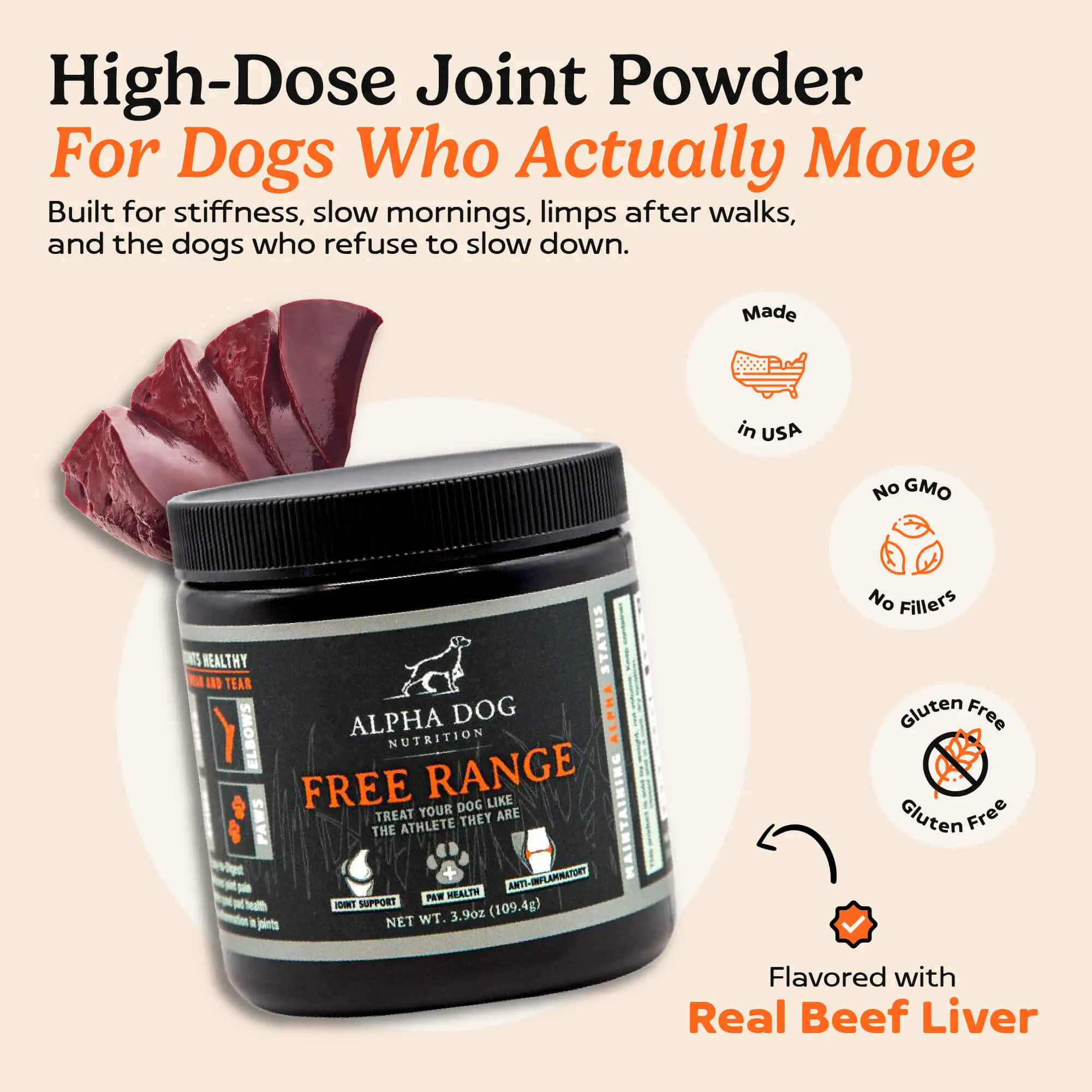 Hip & Joint Powder for Dogs - Non-GMO, Made in USA, Daily Support with Glucosamine, Chondroitin, MSM, Beef Liver Flavor | Real Doses, No Fillers  - Alpha Dog Nutrition Free Range Joint Supplement for Dogs