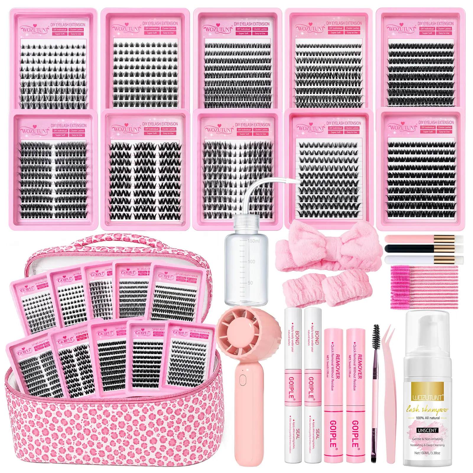 GOIPLE Complete DIY Lash Extension Kit | 100D Curl Lash Clusters Styles,8mm-16mm  Natural to Glam Looks, Bond & Seal, Remover, Cleanser & Full Lash Care System