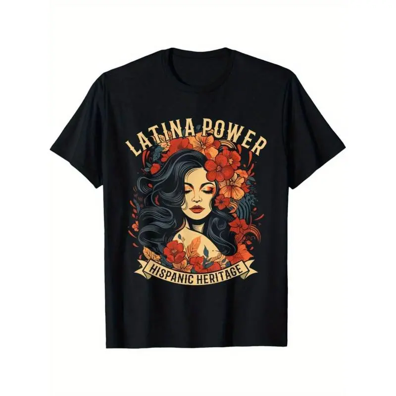 Women's Latina Power Graphic T-Shirt - Streetwear Fitted Crew Neck Short Sleeve Casual Top with Funny Floral Print, Athletic Fit, Latina Pride, Wide Sizes Including XL, for Hispanic Heritage Celebrations, Floral Figure, Latina Pride Tee
