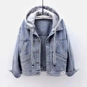 Loose women’s denim short jacket, Korean-style long-sleeve hooded jacket with large pockets for spring and autumn