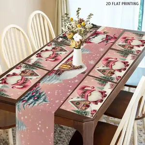 2D flat printing, 1 piece/4 pieces/6 pieces/5 pieces set/7 pieces set, Santa Claus winter holiday pattern dining table flag placemat set, used for kitchen and dining table decoration during festivals and parties, Kitchen Decorative Placemat