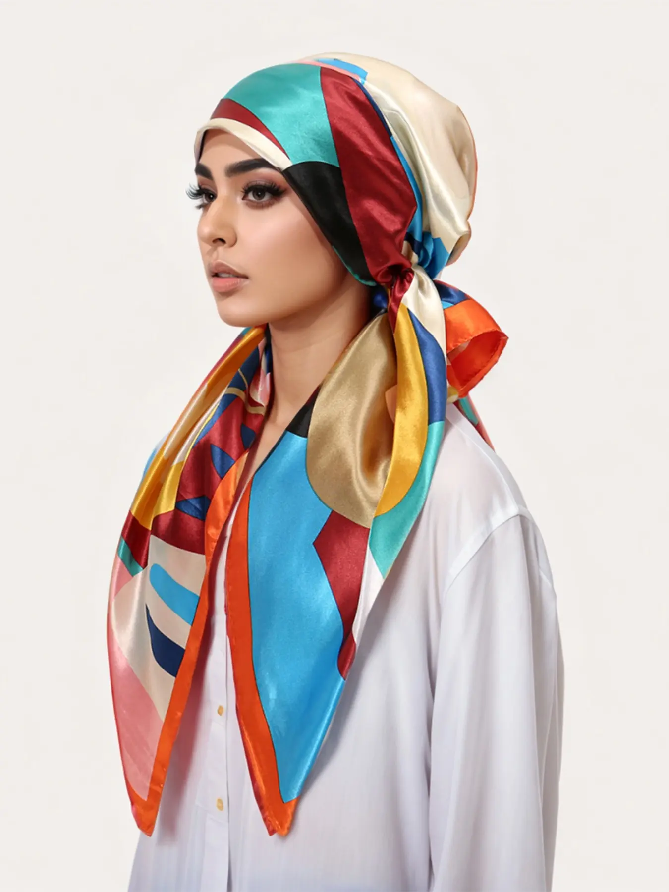 Women's Square Hijab Scarf, Color Block Print Turban, Chemotherapy Sleep Cap, Elastic Head Wrap, Daily Wear, Muslim Accessories
