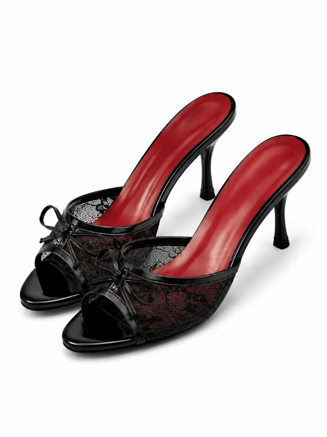Office Siren Vintage Black Lace Mules Elegant Fashionable Sandals Women | Red Insole Kitten Heels Classics Footwear