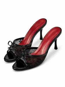 Office Siren Vintage Black Lace Mules | Red Insole Kitten Heels