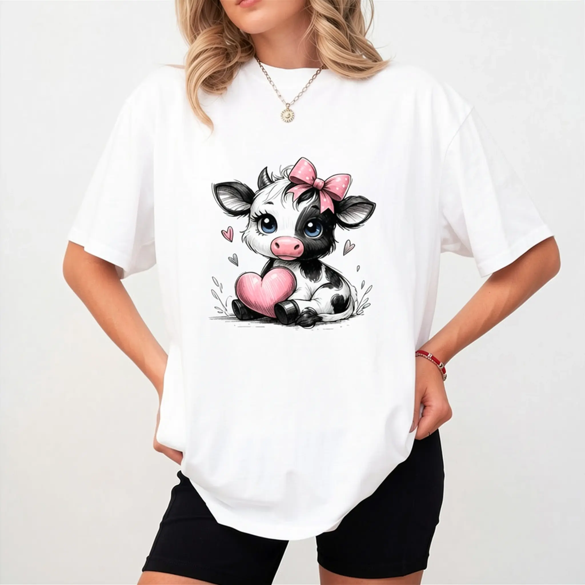 100% Cotton Awesome Cow Holding Heart  Coquette Bow T-Shirt Casual Graphic meme shirts summer t-shirt Top Womenswear