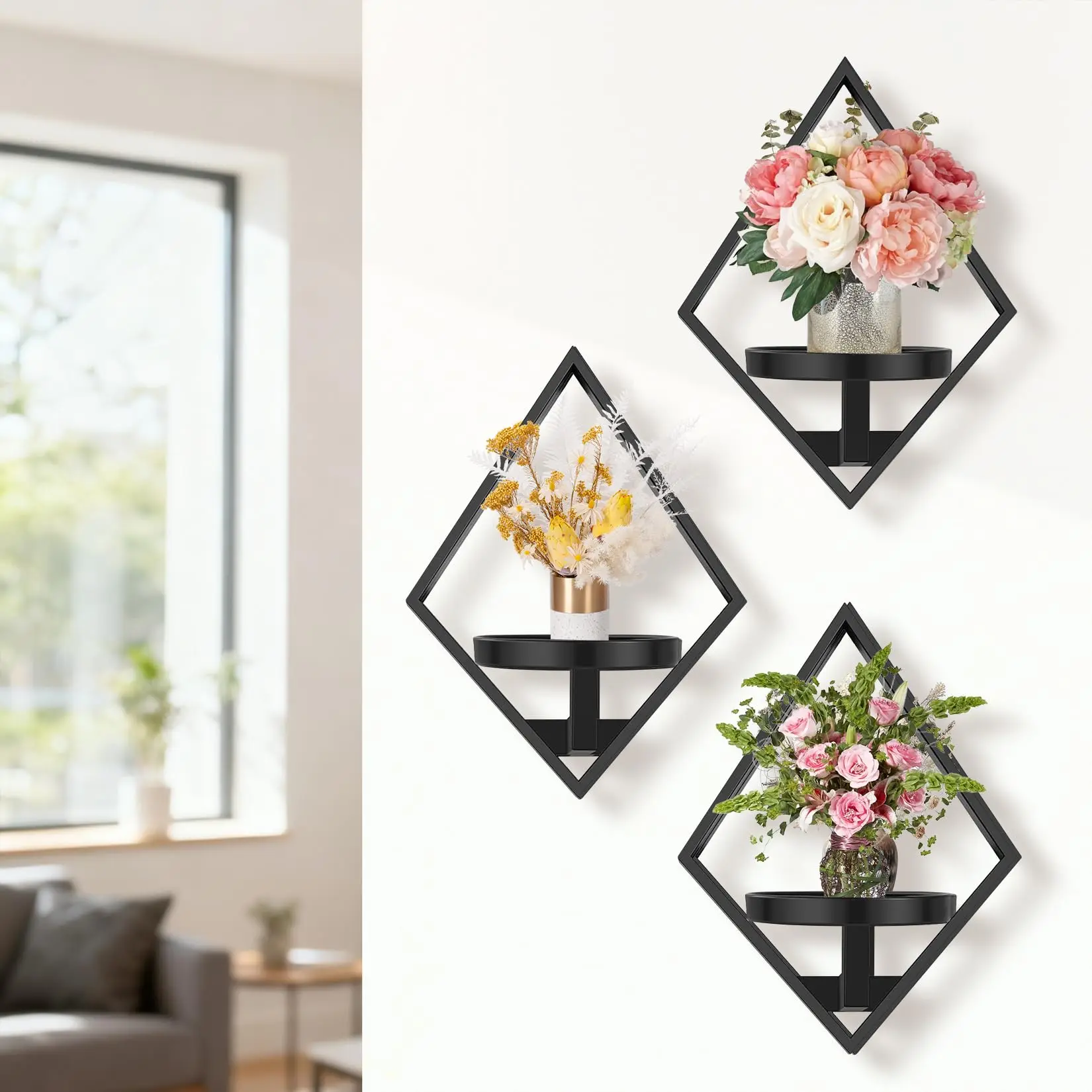 Garvee Metal 3-Pack Geometric Diamond Hexagon Wall-Mounted Shelf Set, Multi-Functional Indoor Living Room & Office Decoration Shelves with 5.7 in Trays, 20 lbs Capacity Each