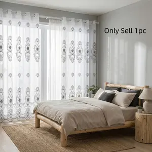 1pc European Style Embroidered Sheer Drapes, Soft Light Control, Privacy Protection, Top Ring Curtain for Living Room Bedroom Window Curtain