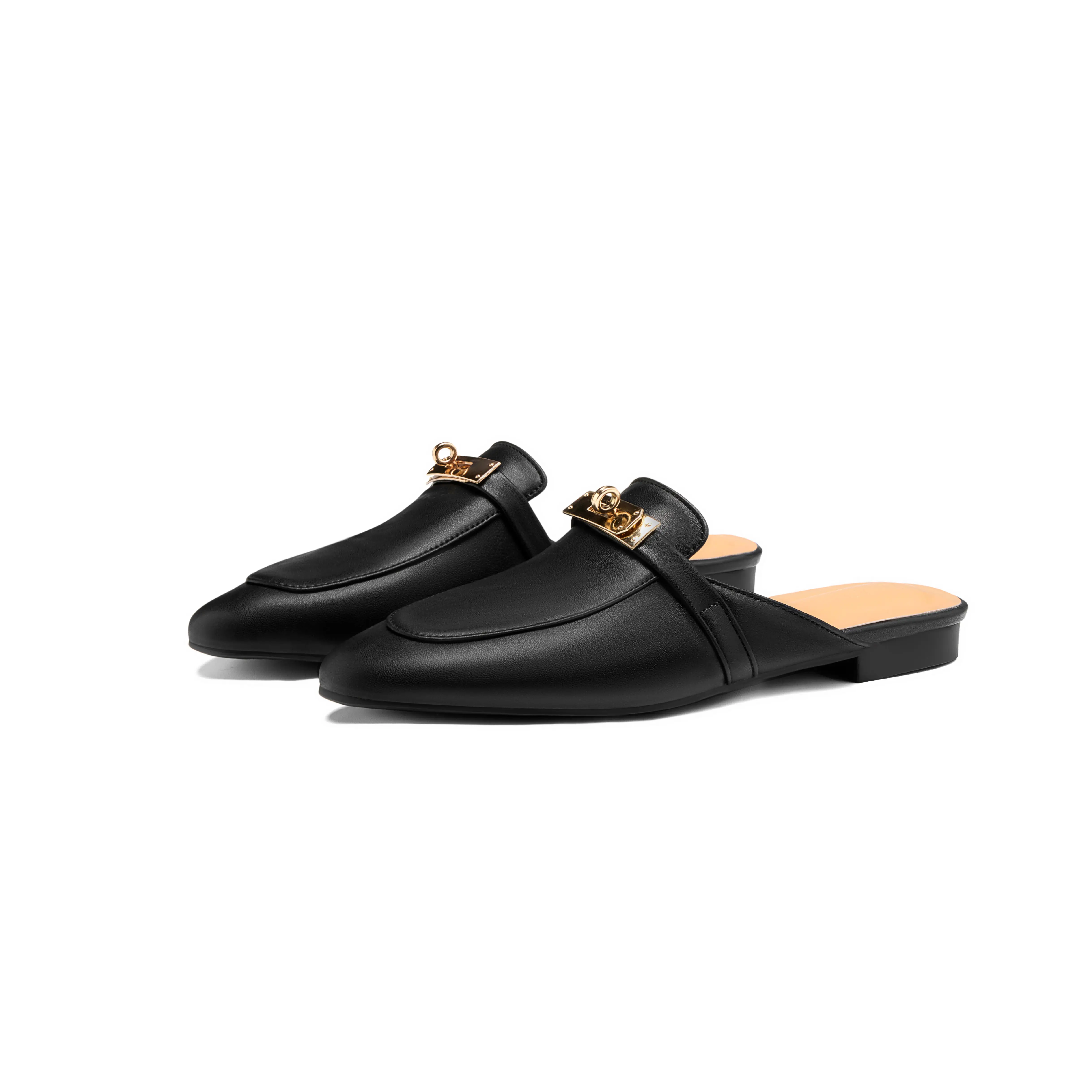 ReneChristine Women's Minimalist Square-Toe Mule Loafers with Gold Buckle Accent - 4 Classic Colors for Office & Daily Wear