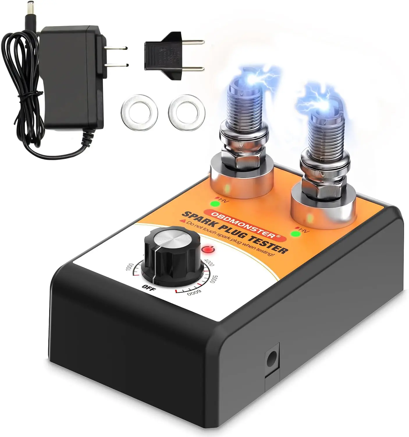 OBDMONSTER 12V Automotive Spark Plug Tester Unit - Spark Plug Analyzer, Adjustable Frequency Diagnostic Tool for Gasoline Cars, Dual-Hole High-Precision Safe Device with Simultaneous Testing & Protective Cover