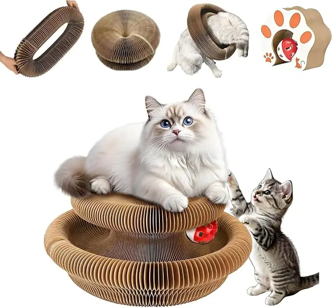 Kitty Curls Foldable Cat Toy, Interactive Accordion Cat Scratcher with Ball, Recyclable Magic Organ Toy for Indoor Cats, Foldable Scratch Pad & Interactive Pet Toy