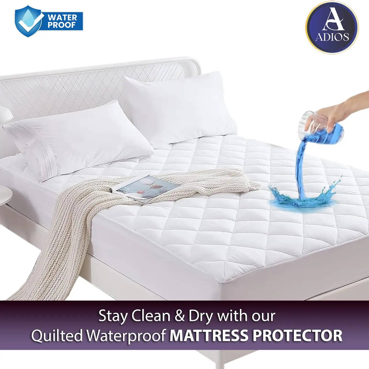 Adios Premium Extra Deep 100% Waterproof Quilted Microfiber Bedding Protector, Luxury Soft, Breathable, Skin-Friendly Queen Bed Cover, Cooling Sleep, Machine Washable (Standard USA Sizes: Twin to California King)